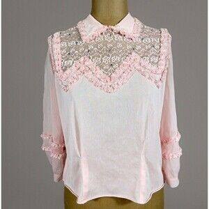 Vtg 50s Mark Lee Embroidered Pink Victorian Prairie Chiffon Sheer Blouse Womens